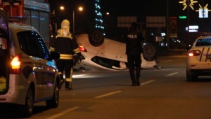 Takla atan araçtan yara almadan çıktılar